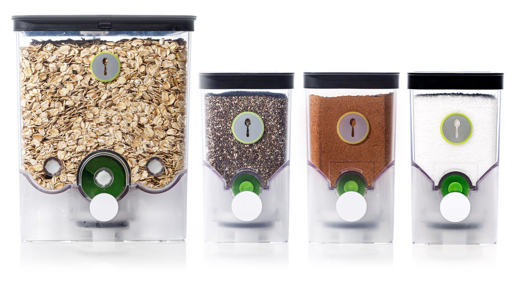 SmartCanisters storing rolled oats, chia seeds, ground cinnamon, and salt