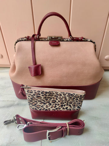 Blush doctor's bag with brown leopard hinge and burgundy base