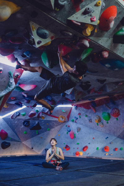 overhang bouldering in rock climbing gym