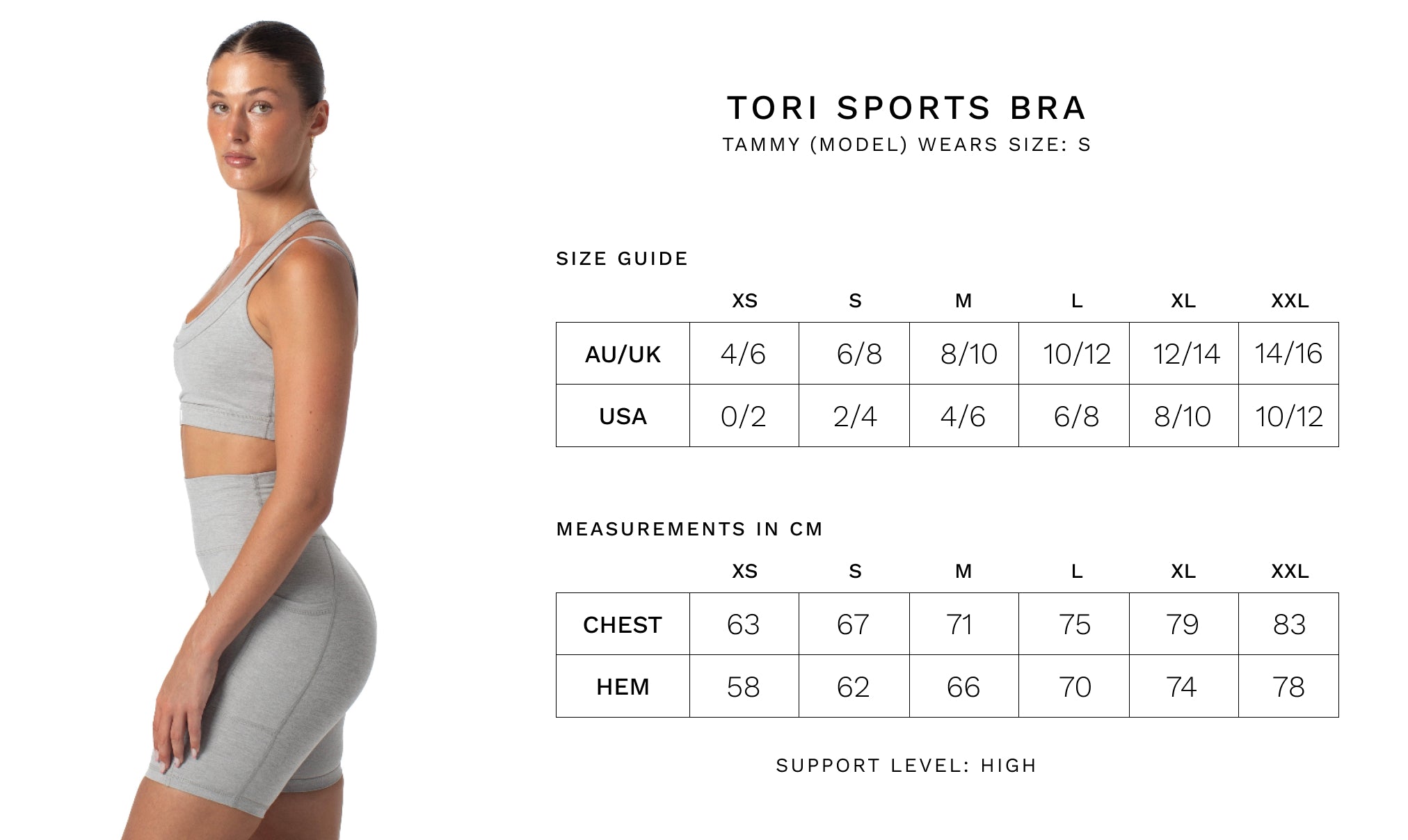 Tori Sports Bra - Size Guide - Gray