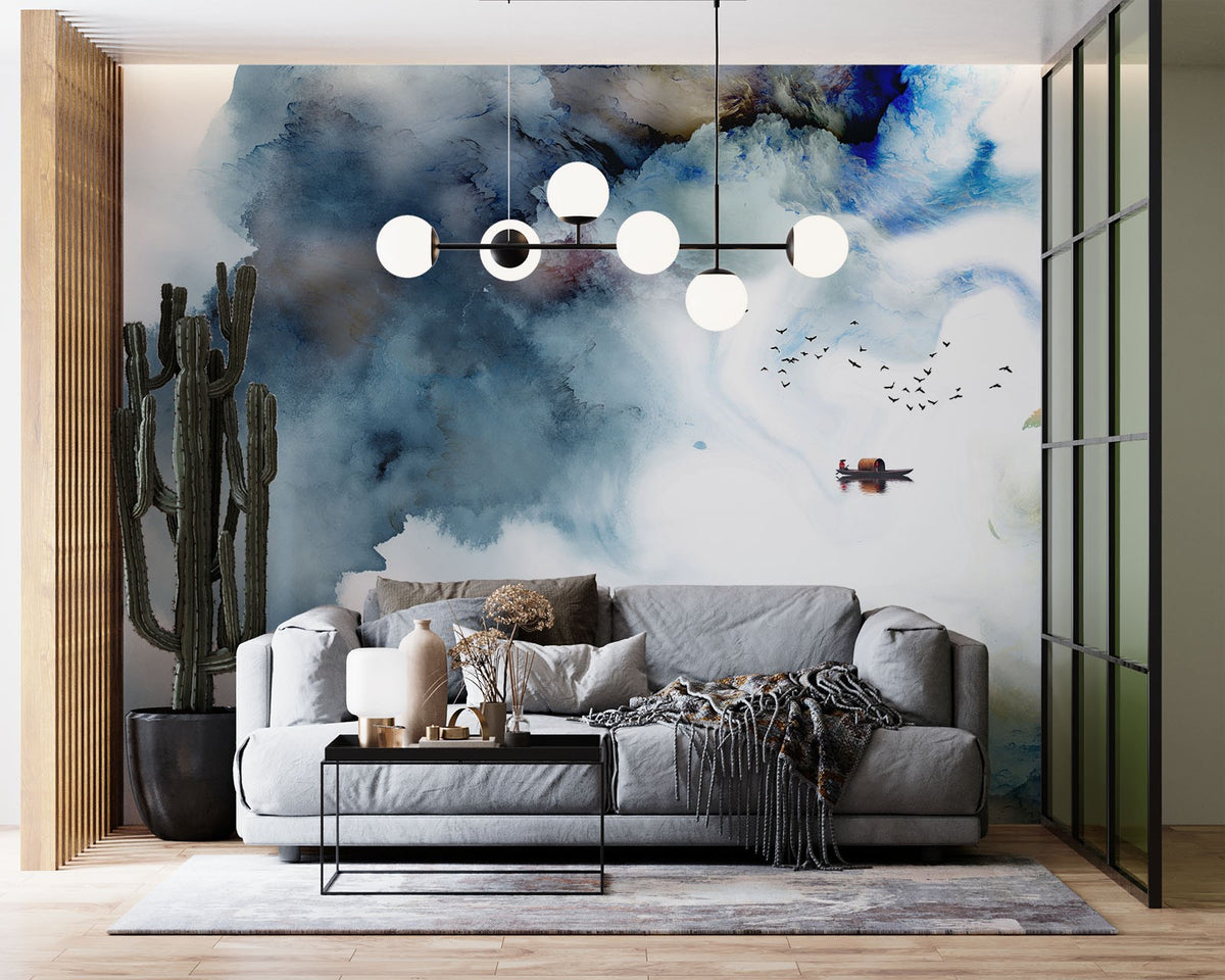 Ink Landscape Art Chinoiserie Blue Wallpaper Mural - Decorsmarket ...