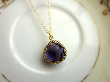 Load image into Gallery viewer, Gold Amethyst Necklace Purple - Pear Shape with Gold Design
