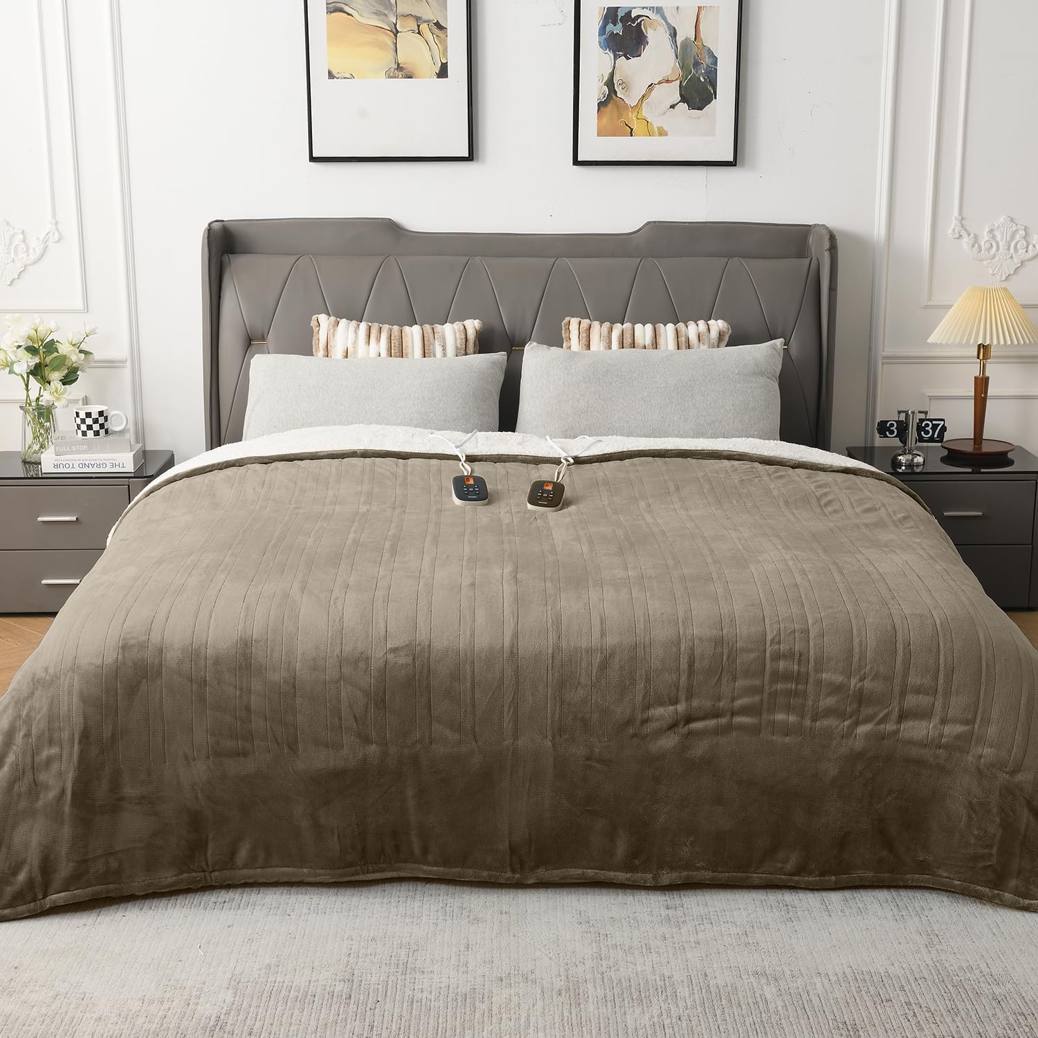 Taupe Durable Flannel and Soft Sherpa Electric Heating Blanket (King Size)
