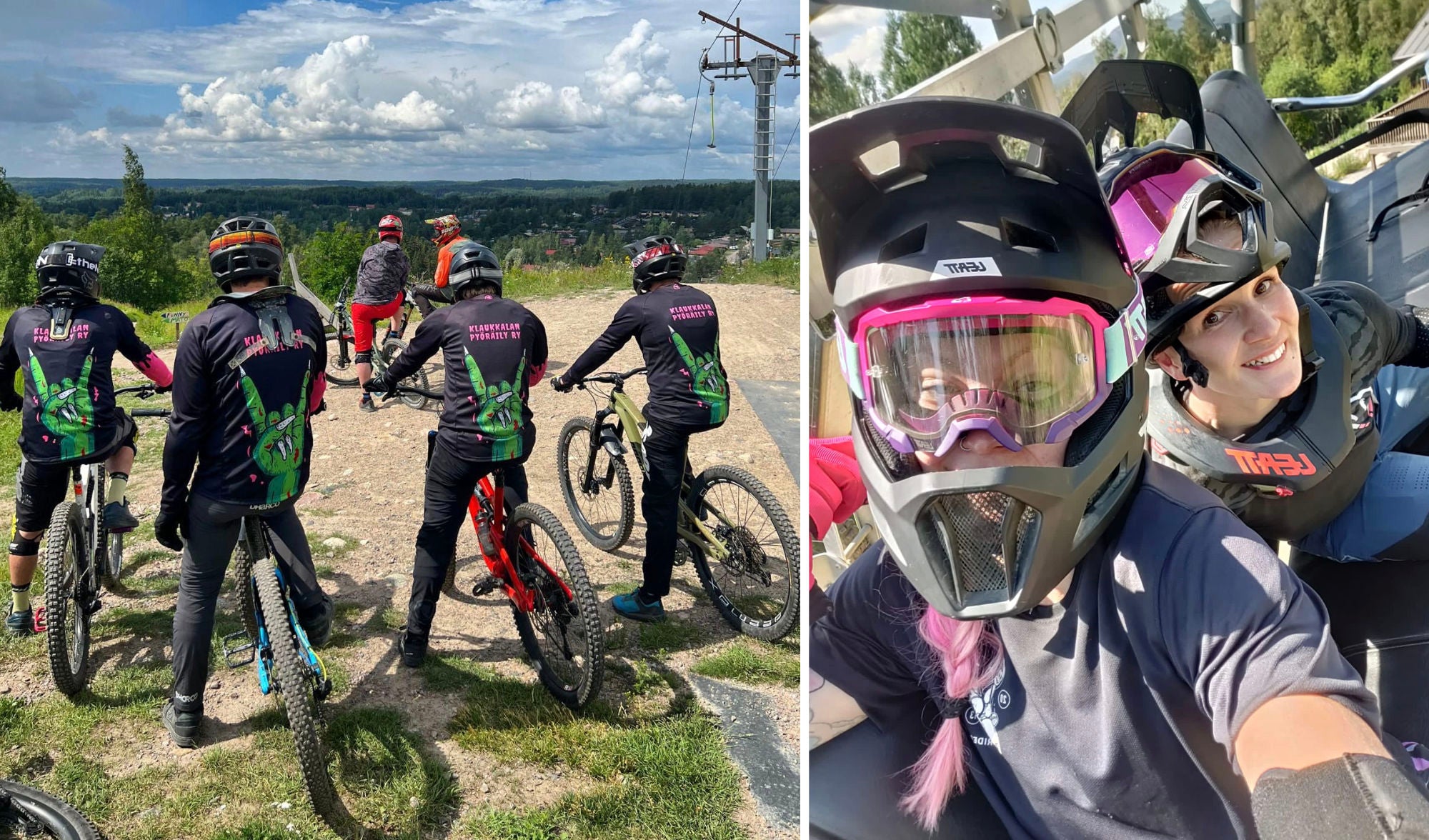 Alt text: Two images. The left image shows a group of DH athletes in their team jerseys on their bikes, surrounded by nature. The right image shows two bikers sitting in a ski lift. One of them is wearing a helmet and goggles, the other one has her helmet pushed up. She is smiling.