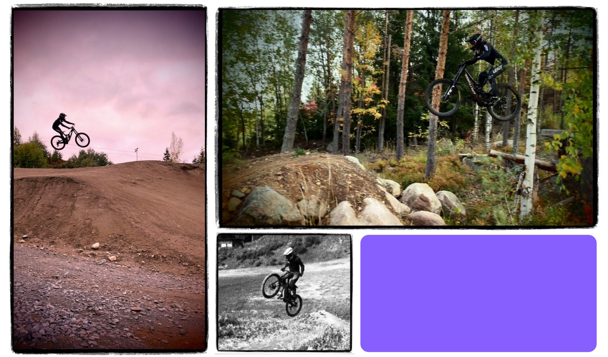 Alt text: Collage of images showing Marjo, a DH biking athlete on her bikein various jumping positions.
