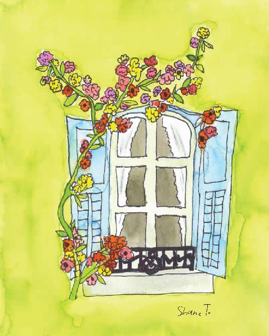 An image of the watercolor "Window with Flowers" by Shane Tarkington.