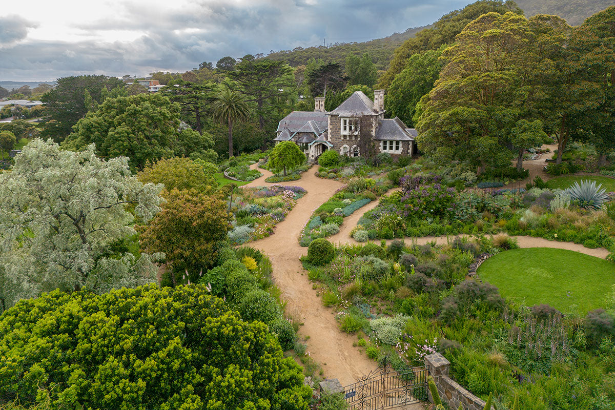 An aerial view of historic Heronswood house and gardens.