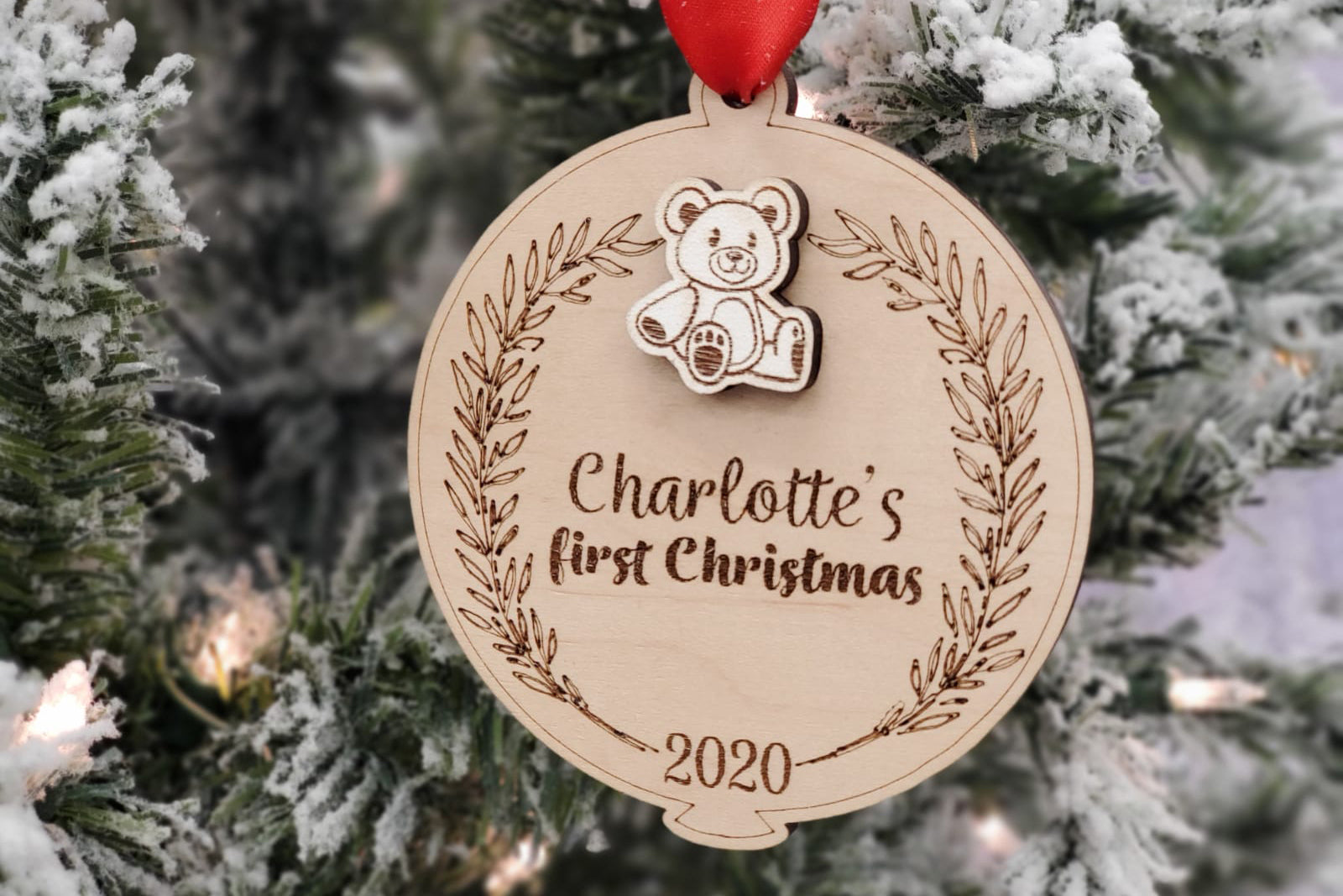 2021 Wood Calligraphy 'Baby's First Christmas' Ornament — Fawn Lettering