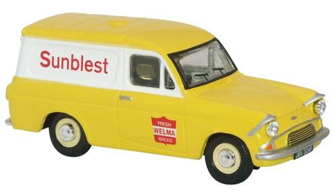 Ford Anglia model car in old fashioned yellow and white paint scheme