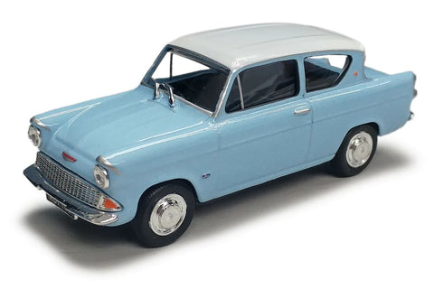two tone Ford Anglia model car in the iconic light blue and white