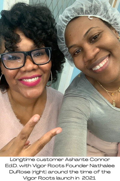 Ashante Connor and Nathalee DuRose smile while testing out Root22Serum: everyone's favorite healthy scalp routine