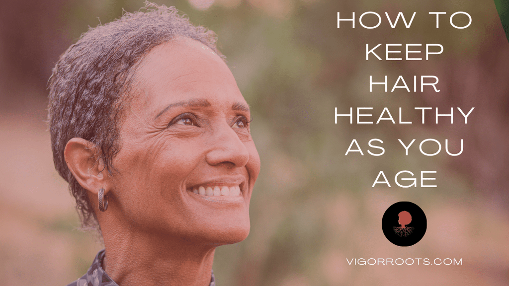 A beautiful senior Black woman with lovely silver hair smiles next to the headline "How To Keep Hair Healthy As You Age"