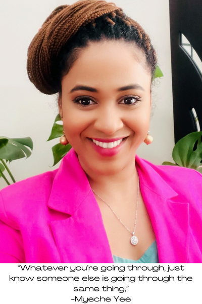 Myeche wears a hot pink blazer with her braids in a chic style coiled on top of her head. She says that whatever you're going through with your hair and scalp, you're not alone.