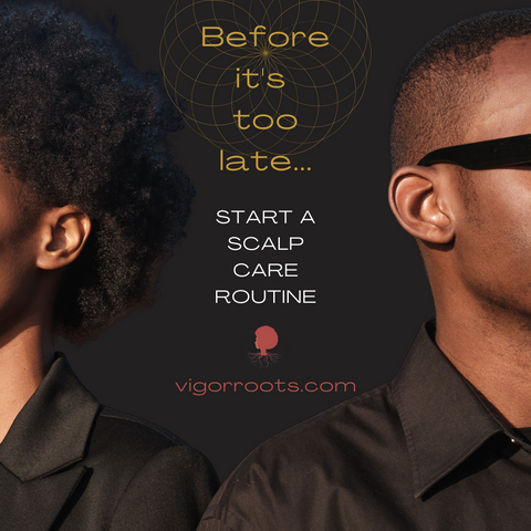 Two fashionable, slick looking young people stand against a black background, facing out. The caption reads: "Before it's too late, start a scalp care routine."