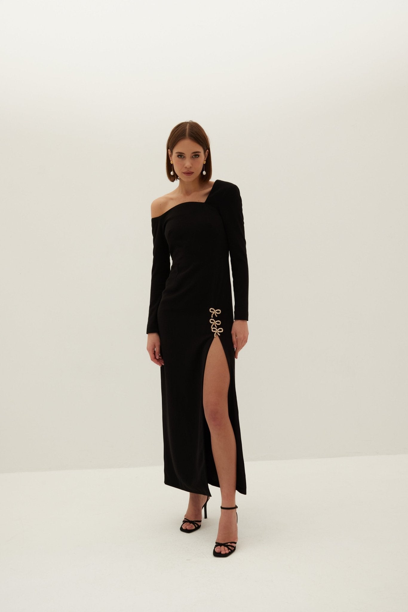 Beau Asymmetric Crepe Maxi Dress with Bows - Black - HERVANR Official product image