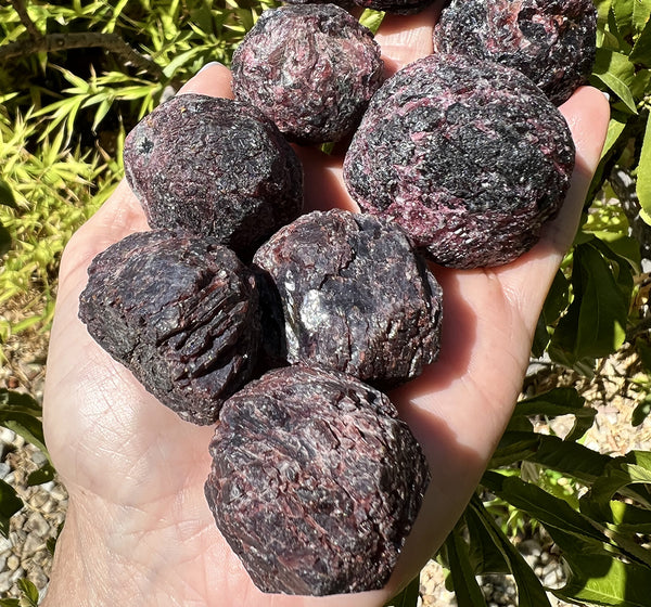 Image of a hand holding a group of rough garnets.