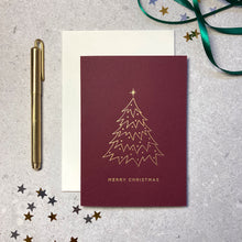 Load image into Gallery viewer, Christmas tree illustration letterpress foiled red card
