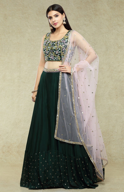 Deep Green Halter Lehenga | Chamee and Palak | Simple lehenga, Traditional  indian dress, Party wear indian dresses