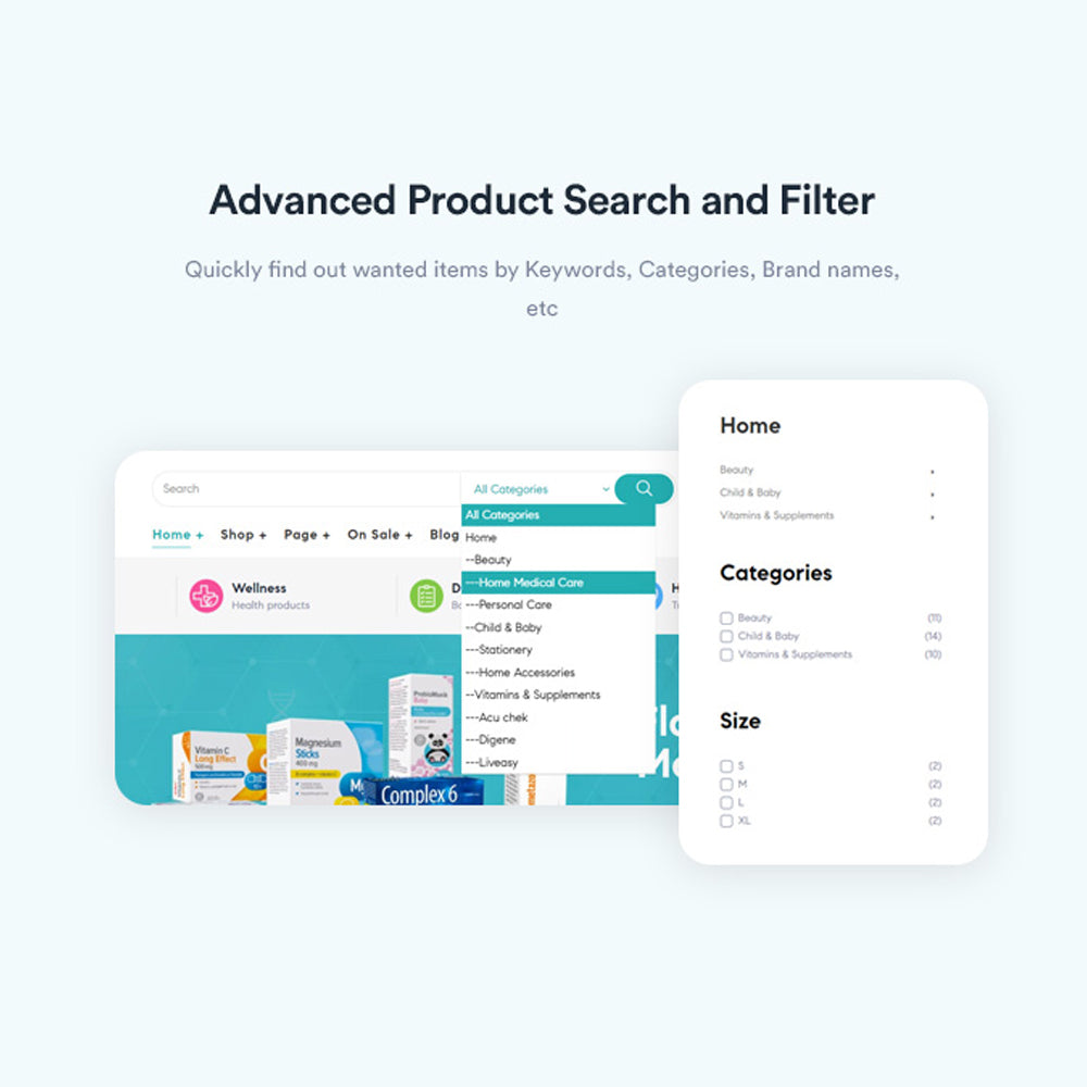 Advanced Product Search and FilterQuickly find out wanted items by Keywords, Categories, Brand names, etc