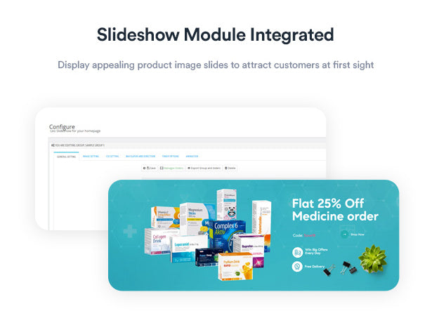 Slideshow Module Integrated Display appealing product image slides to attract customers at first sight