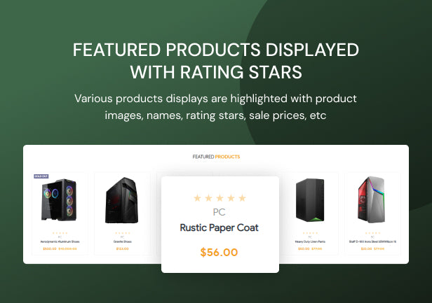 Featured products displayed with rating stars