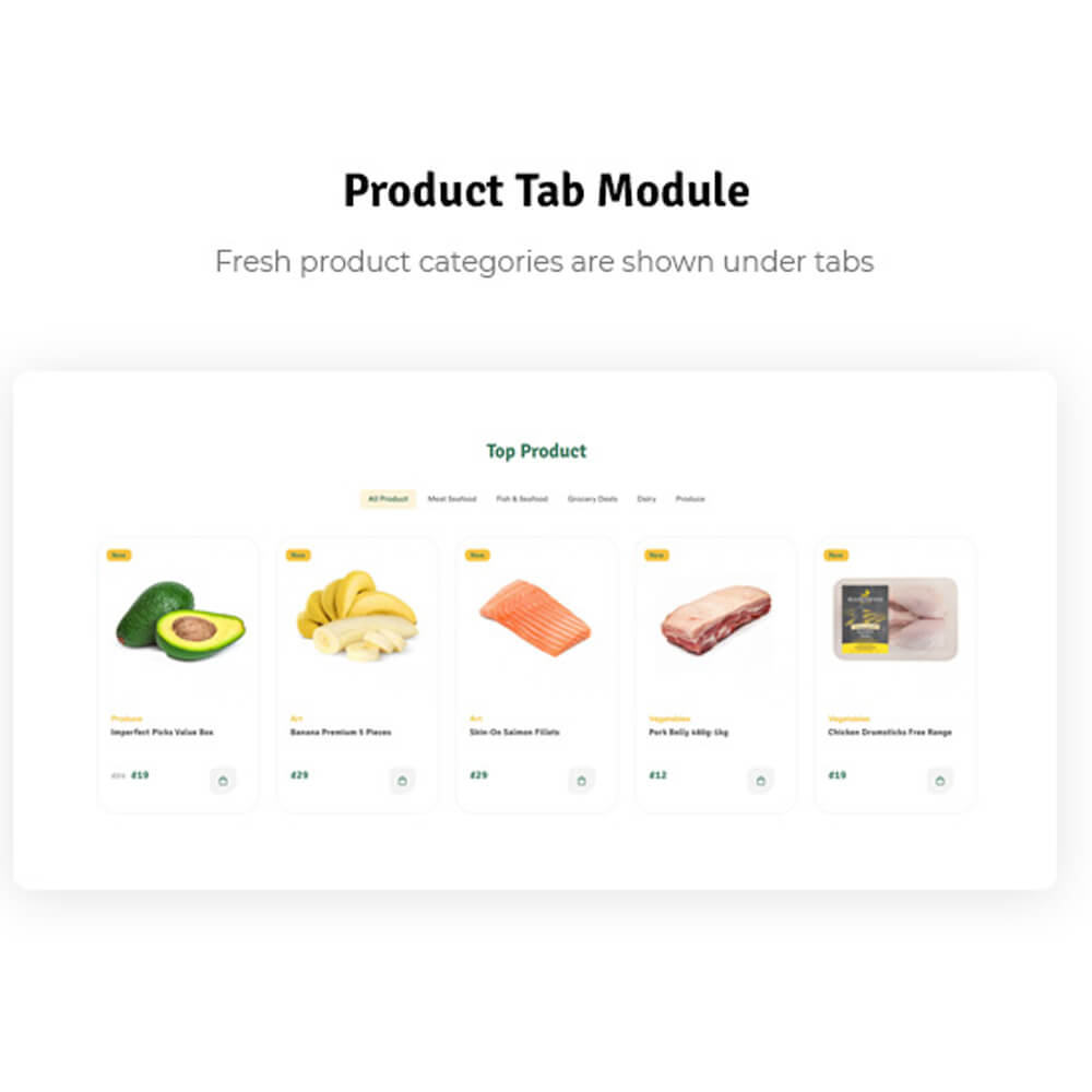 Product Tab Module Fresh product categories are shown under tabs