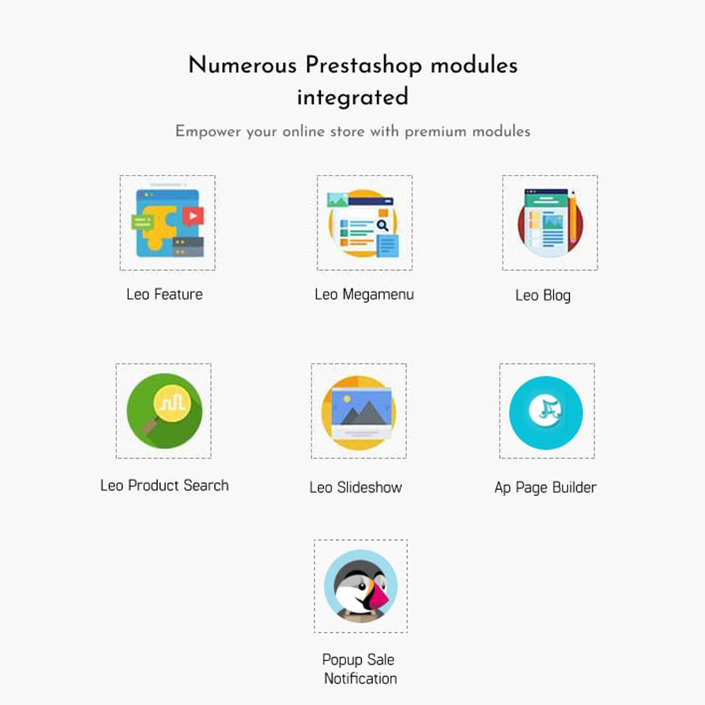 Numerous Prestashop modules integrated