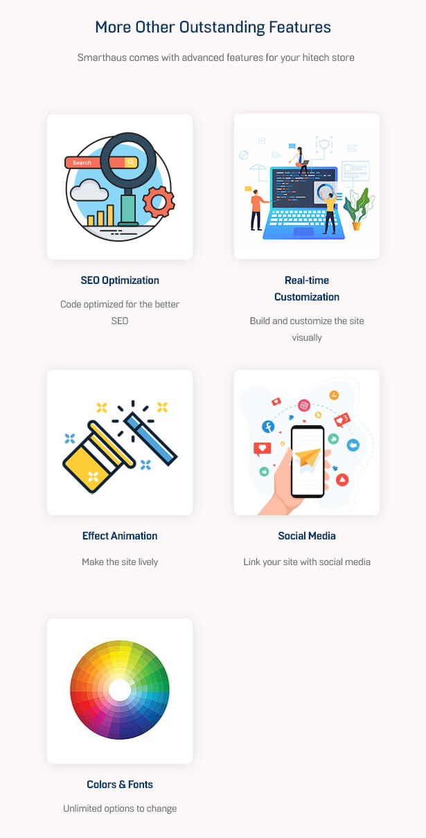 More outstanding Theme Features Smarthaus comes with advanced features for your hitech store