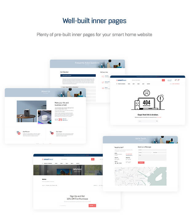 Well-built inner pages Plenty of pre-built inner pages for your smart home website