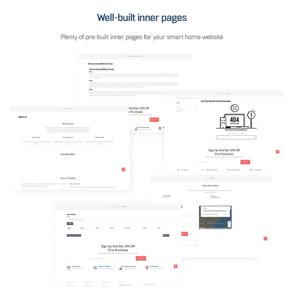 Well-built inner pages Plenty of pre-built inner pages for your smart home website