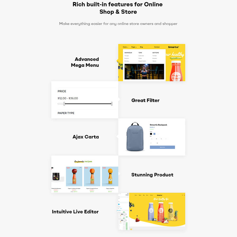 Rich built-in features for Online Shop & Store Make everything easier for any online store owners and shopper