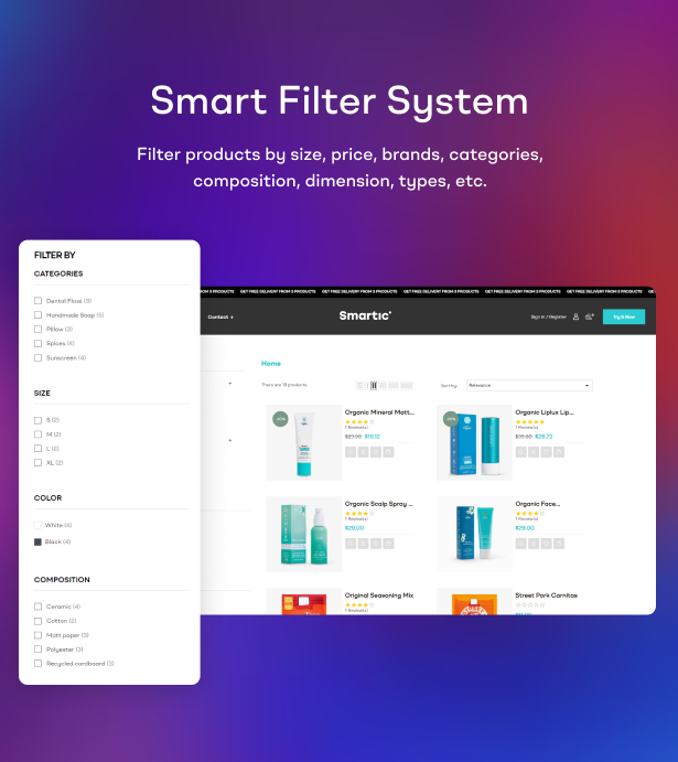 Smart filter system on the Shopping page