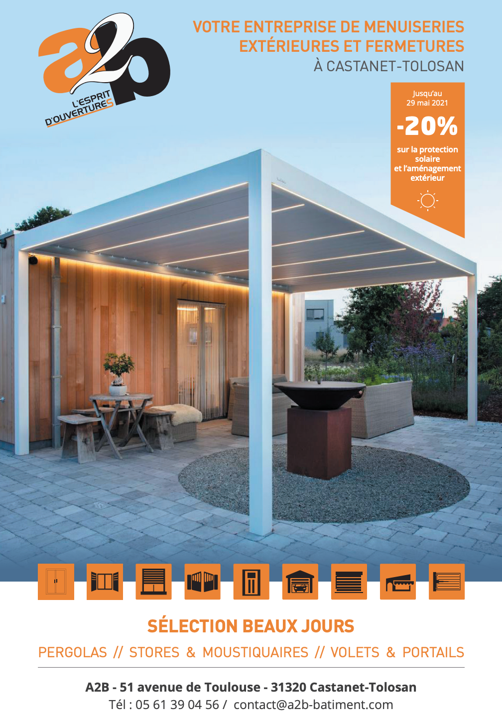 A2B MENUISERIE - 20% - PROMOTION - CASTANET TOLOSAN - MENUISERIE TOULOUSE - PROTECTION SOLAIRE - AMÉNAGEMENT EXTÉRIEUR - PERGOLA - GARDE CORPS