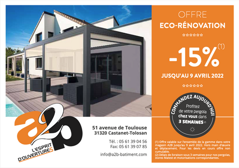 OFFRE ÉCO RENOVATION TOULOUSE 31 HAUTE GARONNE 2022 OFFRE -15% REMISE PROMOTION FENETRES VOLETS PORTES D'ENTRÉE ECONOMIES D'ÉNERGIE PORTE DE GARAGE PORTAILS BATIMENT PERGOLAS STORES GAMME MENUISERIE