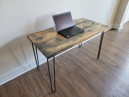 Clearance Sale! Blood Red Stain Reclaimed Distressed Industrial Wood Desk  with rebar hairpin legs