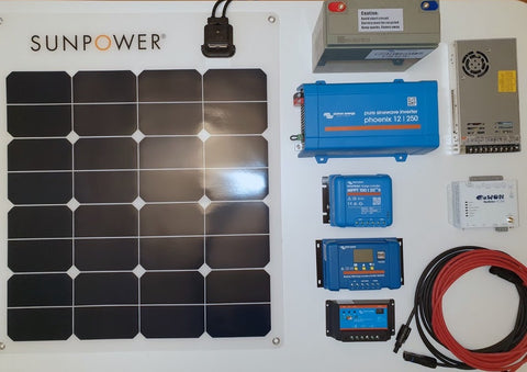 Sunpower eFlex 50 flexible solar panel, Victron charge controllers, AGM Batteries, Inverter, Connectors, DC power cables