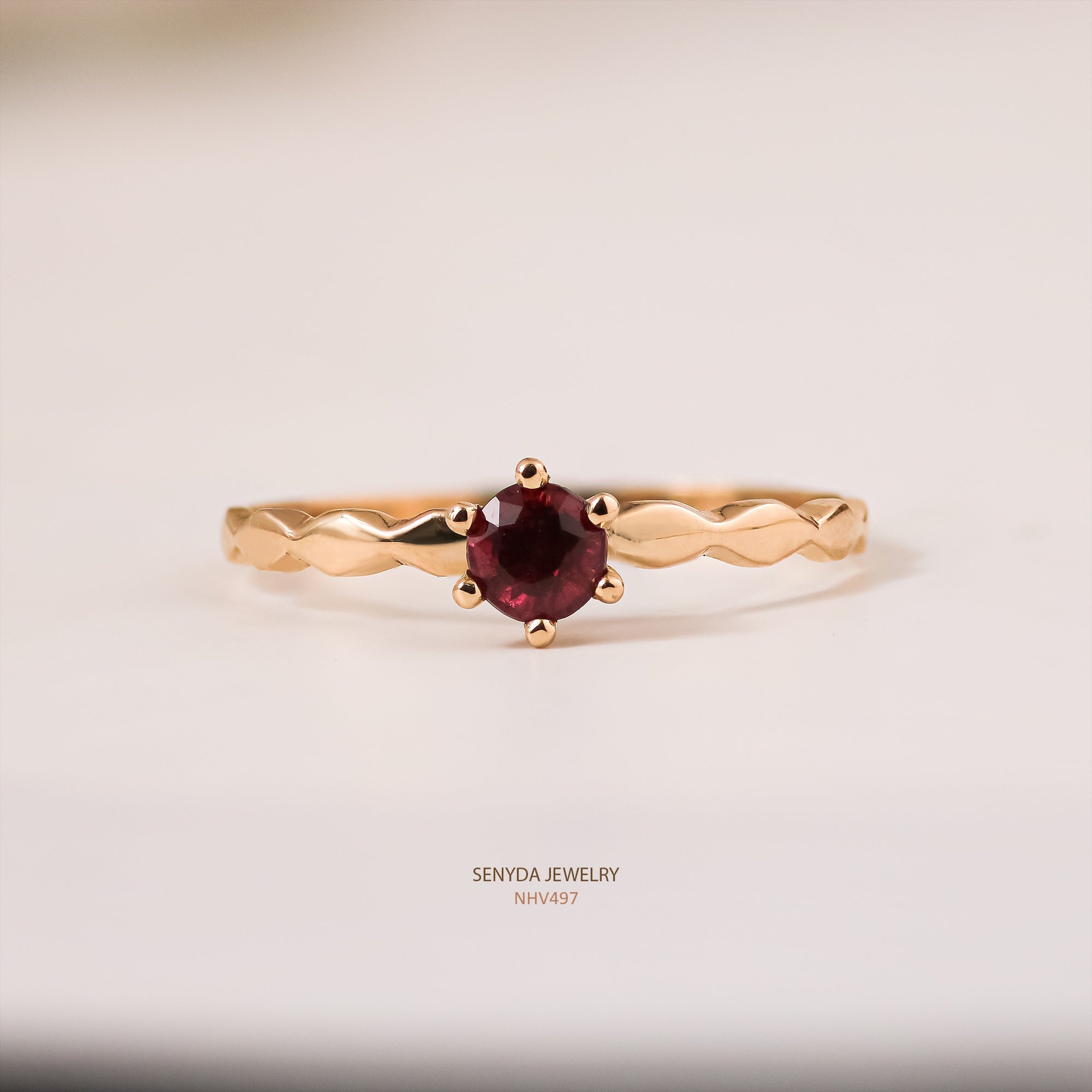 The 4mm red Spinel stone 6-prong smooth band ring - NHV497