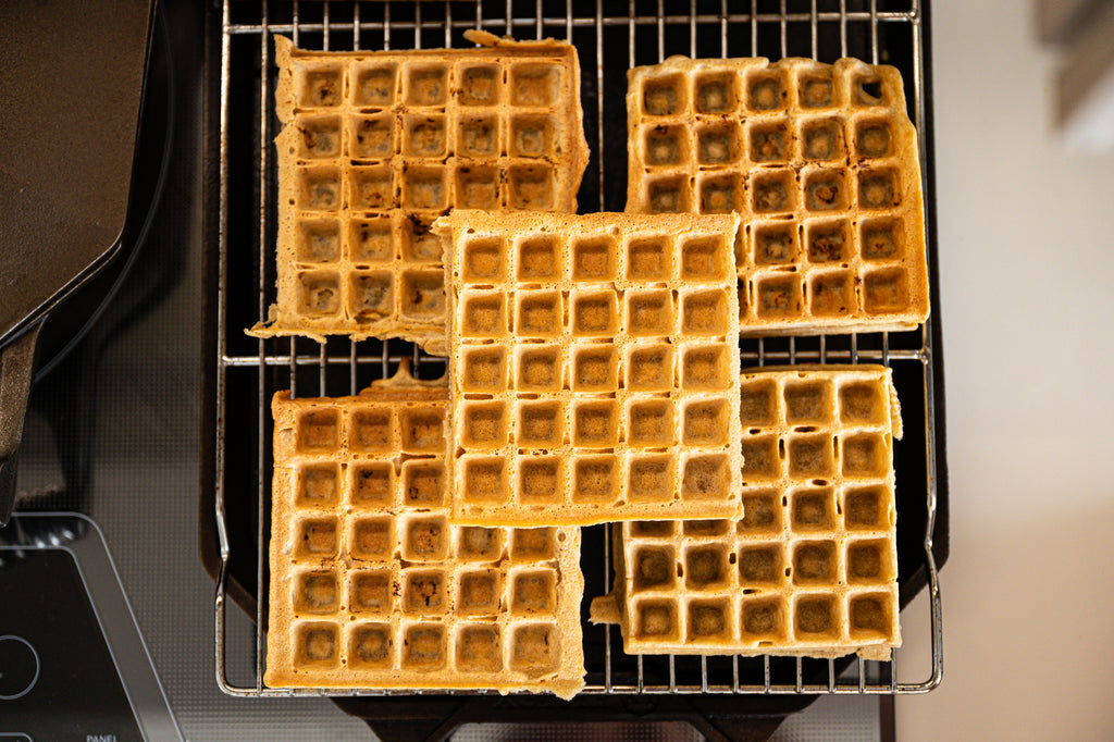 Paleo waffles on a wire metal rack cooling