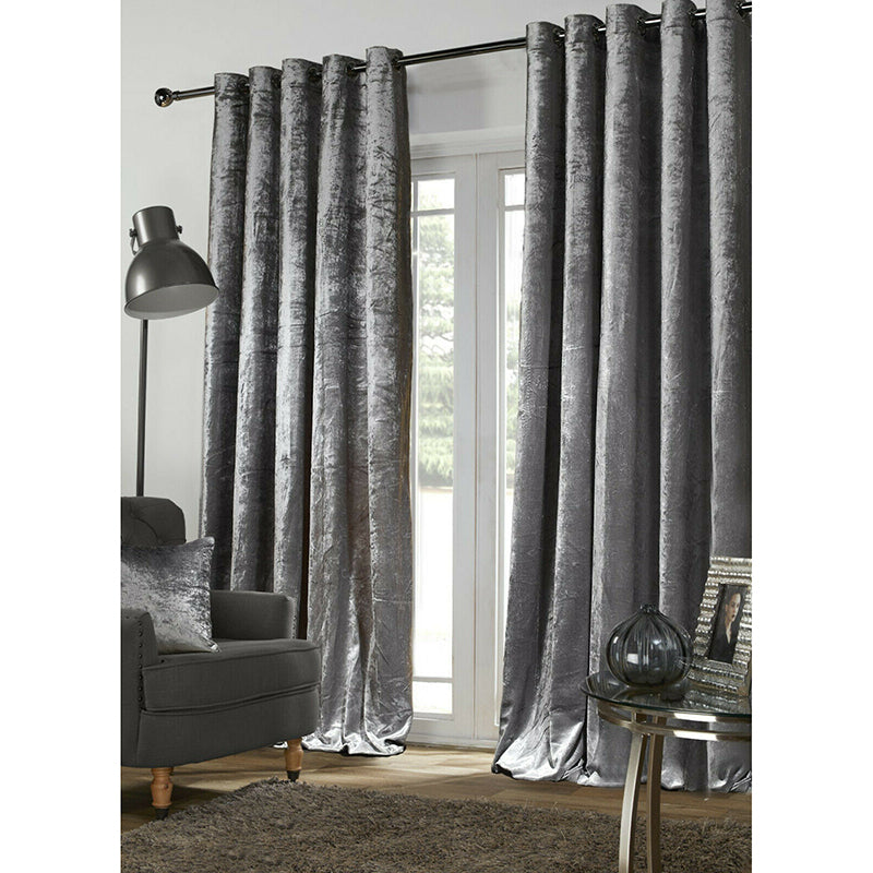Plush Crushed Velour Faux Velvet Lined Curtains – Silver