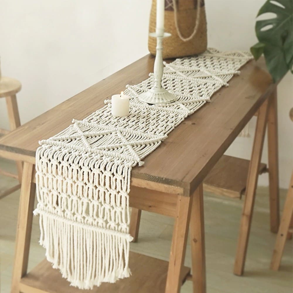 Chemin de table en macramé - Style bohème - Tissé à la main - Décoration de  mariage - Avec pompons - Pour chambre à coucher, cuisine - Cdiscount Maison