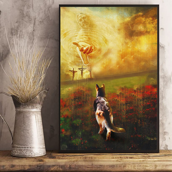 Jesus Giving His Hand To German Shepherd Poster Modern Christian Wall