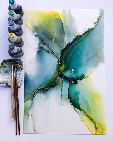 Gorgeous Alcohol Ink painting with blue, green, yellow