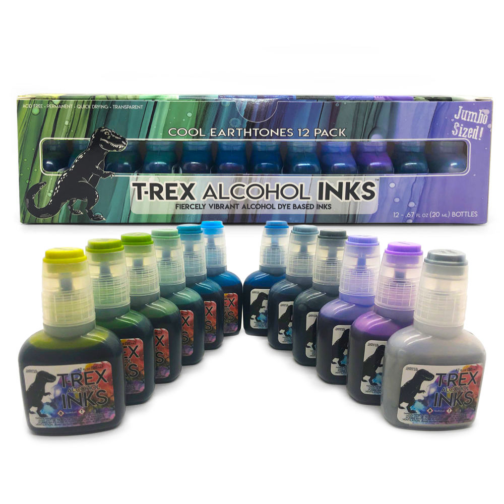 COOL EARTHtones Premium Alcohol Ink 12 Bottle Set With Metallic Silver - T-Rex Inks product image