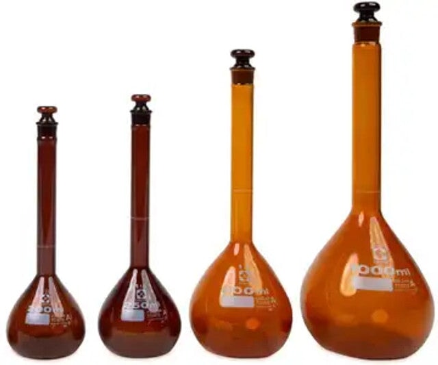 Heathrow Scientific 2307A-1000 Volumetric Flask, Amber, Class A, Glass Stopper, 1000 mL, 2/pk
