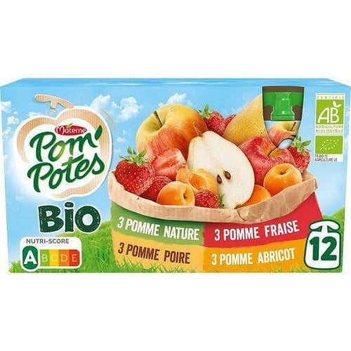 Pom'Potes Gourdes bio pomme fraise poire abricot sans sucres ajoutes 12x90g