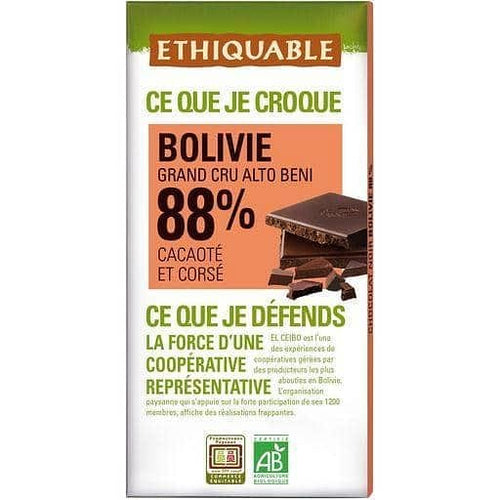 Ethiquable Tablette de chocolat noir bio 88% cacao Bolivie grand cru 100g