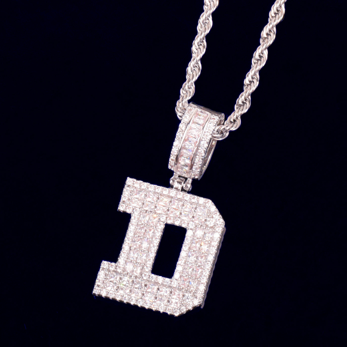Initial A Z Baguette Letter Pendant With Rope Chain