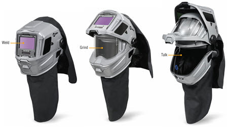 miller hard hat papr welding helmet showing helmet in three positions