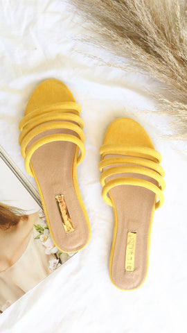 yellow suede slides