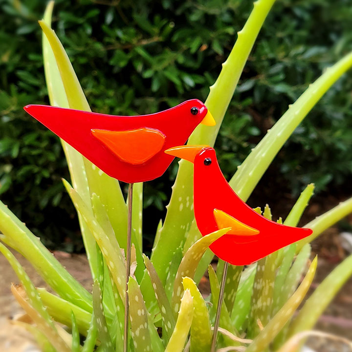 Bird Plant Stake - Red and Bright Red - Amy Rauer Glassworks